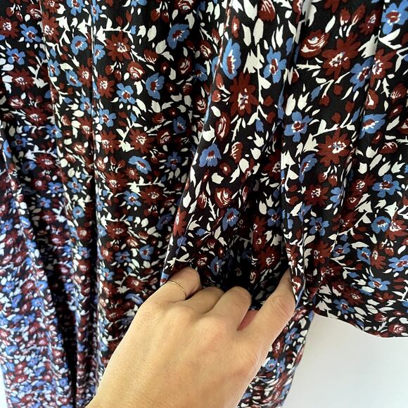 Zara Floral Button Long Sleeve Midi Swing Dress in Wine Red & Blue Medium - Picture 8 of 10